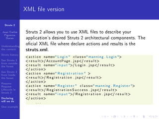 XML le version

  Struts 2

Juan Carlos      Struts 2 allows you to use XML les to describe your
 Figueroa
  Duran          application's desired Struts 2 architectural components. The
Understanding
                 ocial XML le where declare actions and results is the
the context      struts.xml.
Struts history
                 a c t i o n   name= L o g i n        c l a s s = m a n n i n g . L o g i n 
See Struts 2      r e s u l t / A c c o u n t P a g e . j s p/ r e s u l t 
from outside
the forest       r e s u l t   name= i n p u t / L o g i n . j s p/ r e s u l t 
                 / a c t i o n
See Struts 2
                 a c t i o n   name= R e g i s t r a t i o n  
from inside
the forest        r e s u l t / R e g i s t r a t i o n . j s p/ r e s u l t 
                 / a c t i o n
Resume:
Request          a c t i o n   name= R e g i s t e r        c l a s s = m a n n i n g . R e g i s t e r 
Lifecycle in      r e s u l t / R e g i s t r a t i o n S u c c e s s . j s p/ r e s u l t 
Struts 2
                 r e s u l t   name= i n p u t / R e g i s t r a t i o n . j s p/ r e s u l t 
Declaring        / a c t i o n
will we do               ...
One example
 