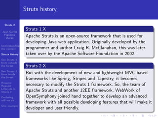 Struts history

  Struts 2

Juan Carlos
                  Struts 1.X
 Figueroa
  Duran           Apache Struts is an open-source framework that is used for
                  developing Java web application. Originally developed by the
Understanding
the context       programmer and author Craig R. McClanahan, this was later
Struts history    taken over by the Apache Software Foundation in 2002.
See Struts 2
from outside
the forest        Struts 2.X
See Struts 2
from inside       But with the development of new and lightweight MVC based
the forest
                  frameworks like Spring, Stripes and Tapestry, it becomes
Resume:
Request           necessary to modify the Struts 1 framework. So, the team of
Lifecycle in
Struts 2          Apache Struts and another J2EE framework, WebWork of
Declaring         OpenSymphony joined hand together to develop an advanced
will we do
                  framework with all possible developing features that will make it
One example
                  developer and user friendly.
 