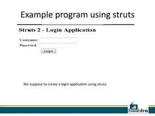 Example program using struts
We suppose to create a login application using struts.
 