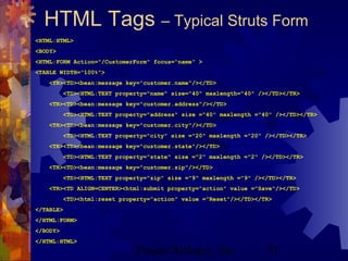 Project Refinery, Inc. 51
HTML Tags – Typical Struts Form
<HTML:HTML>
<BODY>
<HTML:FORM Action="/CustomerForm" focus=“name” >
<TABLE WIDTH="100%">
<TR><TD><bean:message key="customer.name"/></TD>
<TD><HTML:TEXT property="name" size="40" maxlength="40" /></TD></TR>
<TR><TD><bean:message key="customer.address"/></TD>
<TD><HTML:TEXT property="address" size ="40" maxlength ="40" /></TD></TR>
<TR><TD><bean:message key="customer.city"/></TD>
<TD><HTML:TEXT property="city" size ="20" maxlength ="20" /></TD></TR>
<TR><TD><bean:message key="customer.state"/></TD>
<TD><HTML:TEXT property="state" size ="2" maxlength ="2" /></TD></TR>
<TR><TD><bean:message key="customer.zip"/></TD>
<TD><HTML:TEXT property="zip" size ="9" maxlength ="9" /></TD></TR>
<TR><TD ALIGN=CENTER><html:submit property="action" value ="Save"/></TD>
<TD><html:reset property="action" value ="Reset"/></TD></TR>
</TABLE>
</HTML:FORM>
</BODY>
</HTML:HTML>
 