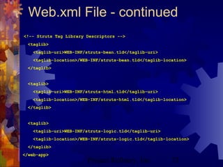 Project Refinery, Inc. 73
Web.xml File - continued
<!-- Struts Tag Library Descriptors -->
<taglib>
<taglib-uri>WEB-INF/struts-bean.tld</taglib-uri>
<taglib-location>/WEB-INF/struts-bean.tld</taglib-location>
</taglib>
<taglib>
<taglib-uri>WEB-INF/struts-html.tld</taglib-uri>
<taglib-location>/WEB-INF/struts-html.tld</taglib-location>
</taglib>
<taglib>
<taglib-uri>WEB-INF/struts-logic.tld</taglib-uri>
<taglib-location>/WEB-INF/struts-logic.tld</taglib-location>
</taglib>
</web-app>
 