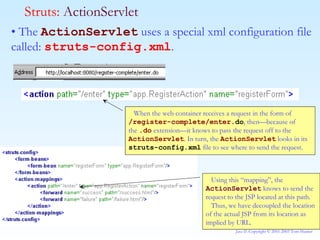 •  The  ActionServlet  uses a special xml configuration file called:  struts-config.xml . Struts:  ActionServlet When the web container receives a request in the form of  /register-complete/enter .do , then—because of the  .do  extension—it knows to pass the request off to the  ActionServlet . In turn, the  ActionServlet  looks in its  struts-config.xml  file to see where to send the request. Using this “mapping”, the  ActionServlet  knows to send the request to the JSP located at this path.  Thus, we have decoupled the location of the actual JSP from its location as implied by URL. 