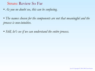 •  As you no doubt see, this can be confusing. •  The names chosen for the components are not that meaningful and the process is non-intuitive. •  Still, let’s see if we can understand the entire process. Struts:  Review So Far 