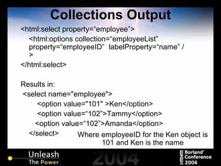 Collections Output <html:select property=“employee”> <html:options collection=“employeeList” property=“employeeID”  labelProperty=“name” /> </html:select> Results in: <select name="employee"> <option value="101" >Ken</option> <option value=“102”>Tammy</option>   <option value=“102”>Amanda</option> </select> Where employeeID for the Ken object is 101 and Ken is the name 