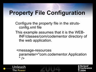 Property File Configuration  Configure the property file in the struts-config.xml file This example assumes that it is the WEB-INF/classes/com/codementor directory of the web application. <message-resources parameter="com.codementor.Application" /> 