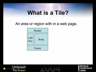 What is a Tile? An area or region with in a web page. Header Footer Left Nav Body 