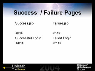 Success  / Failure Pages Success.jsp <h1> Successful Login </h1> Failure.jsp <h1> Failed Login </h1> 