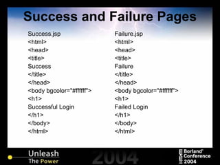 Success and Failure Pages Success.jsp <html> <head> <title> Success </title> </head> <body bgcolor="#ffffff"> <h1> Successful Login </h1> </body> </html> Failure.jsp <html> <head> <title> Failure </title> </head> <body bgcolor="#ffffff"> <h1> Failed Login </h1> </body> </html> 
