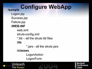 Configure WebApp /sample Logon.jsp Success.jsp Failure.jsp /WEB-INF web.xml struts-config.xml *.tld – all the struts tld files /lib *.jars - all the struts jars /classes LogonAction LogonForm 