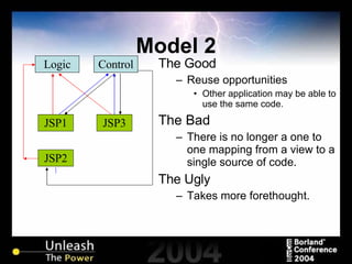 Model 2 The Good Reuse opportunities Other application may be able to use the same code. The Bad There is no longer a one to one mapping from a view to a single source of code. The Ugly Takes more forethought. JSP2 JSP1 JSP3 Logic Control 