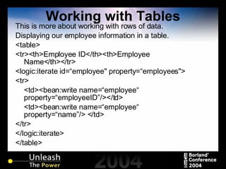 Working with Tables This is more about working with rows of data. Displaying our employee information in a table. <table> <tr><th>Employee ID</th><th>Employee Name</th></tr> <logic:iterate id=“employee" property=“employees"> <tr> <td><bean:write name=“employee“ property=“employeeID”/></td> <td><bean:write name=“employee“ property=“name”/> </td> </tr> </logic:iterate> </table> 
