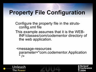 Property File Configuration  Configure the property file in the struts-config.xml file This example assumes that it is the WEB-INF/classes/com/codementor directory of the web application. <message-resources parameter="com.codementor.Application" /> 