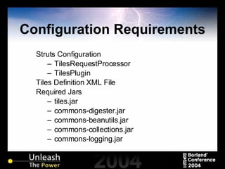Configuration Requirements Struts Configuration TilesRequestProcessor TilesPlugin Tiles Definition XML File Required Jars tiles.jar commons-digester.jar commons-beanutils.jar commons-collections.jar commons-logging.jar 