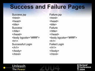 Success and Failure Pages Success.jsp <html> <head> <title> Success </title> </head> <body bgcolor="#ffffff"> <h1> Successful Login </h1> </body> </html> Failure.jsp <html> <head> <title> Failure </title> </head> <body bgcolor="#ffffff"> <h1> Failed Login </h1> </body> </html> 