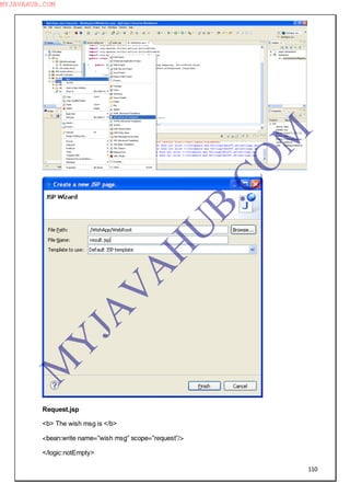 110
Request.jsp
<b> The wish msg is </b>
<bean:write name=”wish msg” scope=”request”/>
</logic:notEmpty>
M
Y
JA
V
A
H
U
B.CO
M
MYJAVAHUB.COM
 