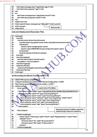 114
24 <td><bean:message key="registration.age"/></td>
25 <td><html:text property="age"/></td>
26 </tr>
27 <tr>
28 <td><bean:message key="registration.email"/></td>
29 <td><html:text property="email"/></td>
30 </tr>
31 </table><br><br>
32 <html:submit><bean:message key="btn.cap"/></html:submit>
33 </h2></center>
34 </html:form>
web.xml (Deployment Descriptor File)
35 <web-app>
36 <servlet>
37 <servlet-name>action</servlet-name>
38 <servlet-class>org.apache.struts.action.ActionServlet</servlet-class>
39 <init-param>
40 <param-name>config</param-name>
41 <param-value>/WEB-INF/structs-config.xml</param-value>
42 </init-param>
43 <load-on-startup>2</load-on-startup>
44 </servlet>
45 <servlet-mapping>
46 <servlet-name>action</servlet-name>
47 <url-pattern>*.do</url-pattern>
48 </servlet-mapping>
49 <welcome-file-list>
50 <welcome-file>Register.jsp</welcome-file>
51 </welcome-file-list>
52 </web-app>
struts-config.xml (Struts Configuration File)
53 <!DOCTYPE struts-config PUBLIC
54 "-//Apache Software Foundation//DTD Struts Configuration 1.3//EN"
55 "http://struts.apache.org/dtds/struts-config_1_3.dtd">
56 <struts-config>
57 <form-beans>
58 <form-bean name="bean" type="org.apache.struts.validator.DynaValidatorForm ">
59 <form-property name="id" type="java.lang.String"/>
60 <form-property name="name" type="java.lang.String"/>
61 <form-property name="address" type="java.lang.String" initial="hyd"/>
62 <form-property name="email" type="java.lang.String"/>
63 <form-property name="doj" type="java.lang.String"/>
64 <form-property name="age" type="java.lang.String"/>
65 </form-bean>
66 </form-beans>
67 <action-mappings>
68 <action input="/Failure.jsp" path="/insert" type="RegisterAction" name="bean"
69 validate="true">
70 <forward name="ok" path="/Success.html"/>
71 <forward name="fail" path="/Failure.html"/>
72 </action>
73 </action-mappings>
Refer line-234
Logical name of FormBean
Declarative Dynamic FormBean supporting
ValidatorPlugIn based form validations.
M
Y
JA
V
A
H
U
B.CO
M
MYJAVAHUB.COM
 
