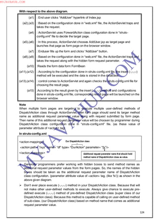 124
With respect to the above diagram.
(a1)
(a2),(a3)
(a4)
(a5),(a6)
(a7)
(a8),(a9)
(a10)
(a11),(a12)
(a13),(a14)
(a15)
: End user clicks “AddUser” hyperlink of Index.jsp
: Based on the configuration done in “web.xml” file, the ActionServlet traps and
takes the request.
: ActionServlet uses ForwardAction class configuration done in “struts-
config.xml” file to decide the target page.
: In this process, ActionServlet chooses AddUser.jsp as target page and
launches that page as form page on the browser window.
: Enduser fills up the form and clicks “AddUser” button.
: Based on the configuration done in “web.xml” file, the ActionServlet traps and
takes the request along with the hidden form request parameter.
:Reads the form data form FormBean
: According to the configuration done in struts-config.xml file, the insert (-,-,-,-)
method will be executed and the data is stored in the database.
: control comes to ActionServlet and again checks the struts-config.xml file for
choosing the result page.
:According to the result given by the insert (-,-,-,-) method and configurations
done in struts-config.xml file, corresponding result page will be launched on the
browser window.
Note
When multiple form pages are targeting to execute multiple user-defined methods of
DispatchAction class through ActionServlet, then form page should send its targer method
name as additional request parameter value along with request submitted by form page.
Then name of this additional request parameter value will be choosen by programmer during
DispatchAction class configuration done in “struts-config.xml” file. (as these value of
parameter attribute of <action> tag)
In struts-config.xml
<action-mappings>
<action path= “/xyz” name= “df” type= “OurAction” parameter= “fx”/>
</action-mappings>
 Generally programmers prefer working with hidden boxes to send method names as
additional request parameter values from the form pages. So, the names of the hidden
boxes should be taken as the additional request parameter name of DispatchAction
class configuration. (parameter attribute value of <action> tag. (like ―fx‖)) as shown in the
above given diagram.
 Don‖t ever place execute (-,-,-,-) method in your DispatchAction class. Because that will
not make other user-defined methods to execute. Always give chance to execute pre-
defined execute (-,-,-,-) method of pre-defined DispatchAction class (super class of our
DispatchAction class). Because this method is capable of calling on user-defined method
of sub-class. (our DispatchAction class) based on method name that comes as additional
request parameter value.
Our DispatchAction class
Additional request parameter name that should hold
method name of DispatchAction class as value.
M
Y
JA
V
A
H
U
B.CO
M
MYJAVAHUB.COM
 