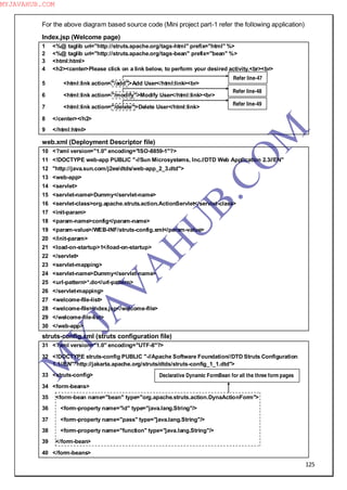 125
For the above diagram based source code (Mini project part-1 refer the following application)
Index.jsp (Welcome page)
1 <%@ taglib uri="http://struts.apache.org/tags-html" prefix="html" %>
2 <%@ taglib uri="http://struts.apache.org/tags-bean" prefix="bean" %>
3 <html:html>
4 <h2><center>Please click on a link below, to perform your desired activity.<br><br>
5 <html:link action="/add">Add User</html:link><br>
6 <html:link action="/modify">Modify User</html:link><br>
7 <html:link action="/delete">Delete User</html:link>
8 </center></h2>
9 </html:html>
web.xml (Deployment Descriptor file)
10 <?xml version="1.0" encoding="ISO-8859-1"?>
11 <!DOCTYPE web-app PUBLIC "-//Sun Microsystems, Inc.//DTD Web Application 2.3//EN"
12 "http://java.sun.com/j2ee/dtds/web-app_2_3.dtd">
13 <web-app>
14 <servlet>
15 <servlet-name>Dummy</servlet-name>
16 <servlet-class>org.apache.struts.action.ActionServlet</servlet-class>
17 <init-param>
18 <param-name>config</param-name>
19 <param-value>/WEB-INF/struts-config.xml</param-value>
20 </init-param>
21 <load-on-startup>1</load-on-startup>
22 </servlet>
23 <servlet-mapping>
24 <servlet-name>Dummy</servlet-name>
25 <url-pattern>*.do</url-pattern>
26 </servlet-mapping>
27 <welcome-file-list>
28 <welcome-file>Index.jsp</welcome-file>
29 </welcome-file-list>
30 </web-app>
struts-config.xml (struts configuration file)
31 <?xml version="1.0" encoding="UTF-8"?>
32 <!DOCTYPE struts-config PUBLIC "-//Apache Software Foundation//DTD Struts Configuration
1.1//EN""http://jakarta.apache.org/struts/dtds/struts-config_1_1.dtd">
33 <struts-config>
34 <form-beans>
35 <form-bean name="bean" type="org.apache.struts.action.DynaActionForm">
36 <form-property name="id" type="java.lang.String"/>
37 <form-property name="pass" type="java.lang.String"/>
38 <form-property name="function" type="java.lang.String"/>
39 </form-bean>
40 </form-beans>
Declarative Dynamic FormBean for all the three form pages
Refer line-47
Refer line-48
Refer line-49
M
Y
JA
V
A
H
U
B.CO
M
MYJAVAHUB.COM
 