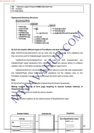 148
769 <html:link action="/home">HOME</html:link><br>
770 </center>
771 </html:html>
Deployment Directory Structure
Q) Can you explain different types of FormBeans and their behaviors?
Ans: ActionForm,DynaAcionform can be used only for programmatic form validations but
they cannot be used for ValidatorplugIn based form validations.
ValidatorForm,DynaValidatorForm can be used for both programmatic and
ValidatorPlugIn based declarative form validations. These two classes allows to configure
validator rules on FormBean properties through FormBean logical name.
ValidatorActionForm, DynaValidatorActionForm allows to work with both programmatic
and ValidatorPlugIn based declarative form validations but the validator rules on the
FormBean properties must be configured through the Action path of Action class.
Note
All DynaXxxForm classes are capable of generating formbeans dynamically.
Making multiple buttons of form page targeting to execute multiple methods of
DispatchAction class.
There are 3 approaches to handle the above situation.
Approach-1
Take submit button captions as the method names of DispatchAction class.
EmpAction
(Our DispatchAction class)
Insert (-,-,-,-)
{
--------------------
--------------------
}
Update (-,-,-,-)
ActionServletBrowser window
Id:
First name:
Lastname:
User.jsp
M
Y
JA
V
A
H
U
B.CO
M
MYJAVAHUB.COM
 