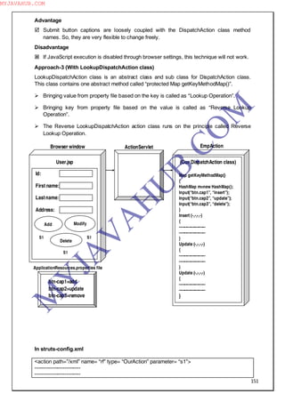 151
Advantage
 Submit button captions are loosely coupled with the DispatchAction class method
names. So, they are very flexible to change freely.
Disadvantage
 If JavaScript execution is disabled through browser settings, this technique will not work.
Approach-3 (With LookupDispatchAction class)
LookupDispatchAction class is an abstract class and sub class for DispatchAction class.
This class contains one abstract method called “protected Map getKeyMethodMap()”.
 Bringing value from property file based on the key is called as “Lookup Operation”.
 Bringing key from property file based on the value is called as “Reverse Lookup
Operation”.
 The Reverse LookupDispatchAction action class runs on the principle called Reverse
Lookup Operation.
In struts-config.xml
<action path=”/xml” name= “rf” type= “OurAction” parameter= “s1”>
--------------------------
--------------------------
ActionServletBrowser window
Id:
First name:
Lastname:
Address:
Add Modify
Delete
User.jsp
S1 S1
S1
EmpAction
(Our DispatchAction class)
Map getKeyMethodMap()
{
HashMap m=new HashMap();
Input(“btn.cap1”, “insert”);
Input(“btn.cap2”, “update”);
Input(“btn.cap3”, “delete”);
}
Insert (-,-,-,-)
{
--------------------
--------------------
}
Update (-,-,-,-)
{
--------------------
--------------------
}
Update (-,-,-,-)
{
--------------------
--------------------
}
ApplicationResources.properties file
btn-cap1=add
btn-cap2=update
btn-cap3=remove
M
Y
JA
V
A
H
U
B.CO
M
MYJAVAHUB.COM
 