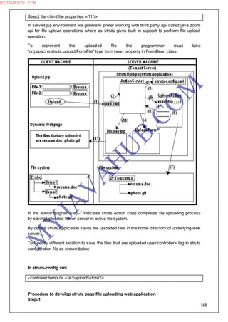 168
Select file <html:file properties =”f1”/>
In servlet.jsp environment we generally prefer working with third party api called java zoom
api for file upload operations where as struts gives built in support to perform file upload
operation.
To represent the uploaded file the programmer must take
“org.apache.struts.upload.FormFile” type form bean property in FormBean class.
In the above diagram step-7 indicates struts Action class completes file uploading process
by saving uploaded file on server in active file system.
By default struts application saves the uploaded files in the home directory of underlying web
server.
To Specify different location to save the files that are uploaded use<controller> tag in struts
configuration file as shown below.
In struts-config.xml
<controller.temp dir =”e:uploadstore”>
Procedure to develop struts page file uploading web application
Step-1
M
Y
JA
V
A
H
U
B.CO
M
MYJAVAHUB.COM
 