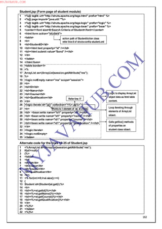 182
Student.jsp (Form page of student module)
1 <%@ taglib uri="http://struts.apache.org/tags-html" prefix="html" %>
2 <%@ page import="java.util.*"%>
3 <%@ taglib uri="http://struts.apache.org/tags-logic" prefix="logic" %>
4 <%@ taglib uri="http://struts.apache.org/tags-bean" prefix="bean" %>
5 <center><font size=6>Search Criteria of Student</font></center>
6 <html:form action="student">
7 <table>
8 <tr>
9 <td>StudentID</td>
10 <td><html:text property="id" /></td>
11 <td><html:submit value="Send" /></td>
12 </tr>
13 </table>
14 </html:form>
15 <table border=1>
16 <%
17 ArrayList as=(ArrayList)session.getAttribute("res");
18 %>
19 <logic:notEmpty name="res" scope="session">
20 <tr>
21 <td>ID</td>
22 <td>Name</td>
23 <td>Course</td>
24 <td>Qualifacation</td>
25 </tr>
26 <logic:iterate id="id1" collection="<%= as%>">
27 <tr> Points to 1 element of ‘as’ at a time.
28 <td> <bean:write name="id1" property="id" /></td>
29 <td> <bean:write name="id1" property="name" /></td>
30 <td><bean:write name="id1" property="course" /></td>
31 <td><bean:write name="id1" property="qualification" /></td>
32 </tr>
33 </logic:iterate>
34 </logic:notEmpty>
35 </table>
Alternate code for the lines 15-35 of Student.jsp
1 <%ArrayList al=(ArrayList)session.getAttribute(“res”);
2 If(al!=null)
3 {%>
4 <table>
5 <tr>
6 <th>id</th>
7 <th>name</th>
8 <th>course</th>
9 <th>qualification</th>
10 <tr>
11 <% for(int i=0;i<al.size();++i)
12 {
13 Student st=(Student)al.get(i);%>
14 <tr>
15 <td><%=st.getId()%></td>
16 <td><%=st.getName()%></td>
17 <td><%=st.getCourse()%></td>
18 <td><%=st.getQualification()%></td>
19 </tr>
20 <%}%>
21 </table>
22 <%}%>
action path of StudentAction class
refer line:8 of struts-config-student.xml
Logic to display ArrayList
object data as html table
content.
Referline:17
Loop iterating through
elements of ArrayList
object.
Calls getXxx() methods
of properties on
student class object.
M
Y
JA
V
A
H
U
B.CO
M
MYJAVAHUB.COM
 