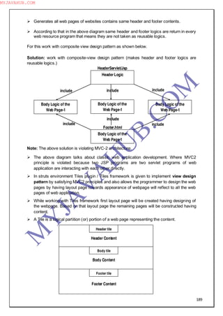 189
 Generates all web pages of websites contains same header and footer contents.
 According to that in the above diagram same header and footer logics are return in every
web resource program that means they are not taken as reusable logics.
For this work with composite view design pattern as shown below.
Solution: work with composite-view design pattern (makes header and footer logics are
reusable logics.)
Note: The above solution is violating MVC-2 architecture.
 The above diagram talks about classic web application development. Where MVC2
principle is violated because two JSP programs are two servlet programs of web
application are interacting with each other directly.
 In struts environment Tiles plugin / Tiles framework is given to implement view design
pattern by satisfying MVC2 principles and also allows the programmer to design the web
pages by having layout page towards appearance of webpage will reflect to all the web
pages of web application.
 While working with Tiles framework first layout page will be created having designing of
the webpage. Based on that layout page the remaining pages will be constructed having
content.
 A Tile is a logical partition (or) portion of a web page representing the content.
include include
HeaderServlet/Jsp
HeaderLogic
include
Body Logic of the
Web Page-1
Footer.html
Body Logic of the
Web Page-1
include
Body Logic of the
Web Page-1
include
Body Logic of the
Web Page-1
include
Header tile
Body tile
Footer tile
Header Content
Body Content
Footer Content
M
Y
JA
V
A
H
U
B.CO
M
MYJAVAHUB.COM
 