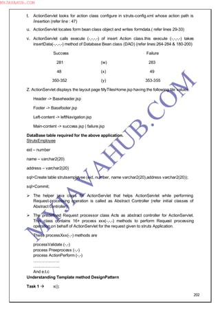202
t. ActionServlet looks for action class configure in struts-config.xml whose action path is
/insertion (refer line : 47)
u. ActionServlet locates form bean class object and writes formdata.( refer lines 29-33)
v. ActionServlet calls execute (-,-,-,-) of insert Action class.this execute (-,-,-,-) takes
insertData(-,-,-,-) method of Database Bean class (DAO) (refer lines:264-284 & 180-200)
Success Failure
281 (w) 283
48 (x) 49
350-352 (y) 353-355
Z. ActionServlet displays the layout page MyTilesHome.jsp having the following tile values.
Header -> Baseheader.jsp
Footer -> Basefooter.jsp
Left-content -> leftNavigation.jsp
Main-content -> success.jsp | failure.jsp
DataBase table required for the above application.
StrutsEmployee
eid – number
name – varchar2(20)
address – varchar2(20)
sql>Create table strutsemployee (eid, number, name varchar2(20),address varchar2(20));
sql>Commit;
 The helper java class for ActionServlet that helps ActionServlet while performing
Request-processing operation is called as Abstract Controller (refer initial classes of
Abstract controller)
 The predefined Request processor class Acts as abstract controller for ActionServlet.
This class contains 16+ process xxx(-,-,-) methods to perform Request processing
operation on behalf of ActionServlet for the request given to struts Application.
These processXxx(-,-) methods are
processValidate (-,-)
process Preeprocess (-,-)
process ActionPerform (-,-)
……………….
……………….
And e.t.c
Understanding Template method DesignPattern
Task 1  x();
M
Y
JA
V
A
H
U
B.CO
M
MYJAVAHUB.COM
 
