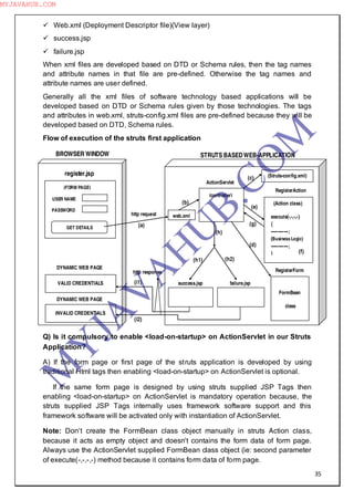 35
 Web.xml (Deployment Descriptor file)(View layer)
 success.jsp
 failure.jsp
When xml files are developed based on DTD or Schema rules, then the tag names
and attribute names in that file are pre-defined. Otherwise the tag names and
attribute names are user defined.
Generally all the xml files of software technology based applications will be
developed based on DTD or Schema rules given by those technologies. The tags
and attributes in web.xml, struts-config.xml files are pre-defined because they will be
developed based on DTD, Schema rules.
Flow of execution of the struts first application
Q) Is it compulsory to enable <load-on-startup> on ActionServlet in our Struts
Application?
A) If the form page or first page of the struts application is developed by using
traditional Html tags then enabling <load-on-startup> on ActionServlet is optional.
If the same form page is designed by using struts supplied JSP Tags then
enabling <load-on-startup> on ActionServlet is mandatory operation because, the
struts supplied JSP Tags internally uses framework software support and this
framework software will be activated only with instantiation of ActionServlet.
Note: Don‖t create the FormBean class object manually in struts Action class,
because it acts as empty object and doesn‖t contains the form data of form page.
Always use the ActionServlet supplied FormBean class object (ie: second parameter
of execute(-,-,-,-) method because it contains form data of form page.
http request
http response
(a)
(i2)
(i1)
BROWSER WINDOW
USER NAME
GET DETAILS
PASSWORD
register.jsp
(FORM PAGE)
DYNAMIC WEB PAGE
VALID CREDENTIALS
DYNAMIC WEB PAGE
INVALID CREDENTIALS
STRUTS BASEDWEB-APPLICATION
ActionServlet
web.xml
RegisterAction
RegisterForm
success.jsp failure.jsp
(controller)
FormBean
class
(Action class)
execute(-,-,-,-)
{
------------;
(Business Logic)
------------;
}
(Struts-config.xml)
(h2)
(b)
(c)
(d)
(e)
(f)
(g)
(h)
(h1)
M
Y
JA
V
A
H
U
B.CO
M
MYJAVAHUB.COM
 