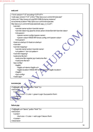 54
web.xml
<?xml version="1.0" encoding="UTF-8"?>
<web-app version="2.5" xmlns="http://java.sun.com/xml/ns/javaee"
xmlns:xsi="http://www.w3.org/2001/XMLSchema-instance"
xsi:schemaLocation="http://java.sun.com/xml/ns/javaee
http://java.sun.com/xml/ns/javaee/web-app_2_5.xsd">
<servlet>
<servlet-name>action</servlet-name>
<servlet-class>org.apache.struts.action.ActionServlet</servlet-class>
<init-param>
<param-name>config</param-name>
<param-value>/WEB-INF/struts-config.xml</param-value>
</init-param>
<load-on-startup>2</load-on-startup>
</servlet>
<servlet-mapping>
<servlet-name>action</servlet-name>
<url-pattern>*.do</url-pattern>
</servlet-mapping>
<welcome-file-list>
<welcome-file>register.jsp</welcome-file>
</welcome-file-list>
<jsp-config>
<taglib>
<taglib-uri>demo</taglib-uri>
<taglib-location>/WEB-INF/struts-html.tld</taglib-location>
</taglib>
</jsp-config>
</web-app>
success.jsp
<%@taglib uri="demo" prefix="html" %>
<html:html>
<center>
<font size = 5 color = green>Login Successful</font>
</center>
</html:html>
failure.jsp
<%@taglib uri="demo" prefix="html" %>
<html:html>
<center>
<font size = 5 color = red>Login Failure</font>
</center>
</html:html>
M
Y
JA
V
A
H
U
B.CO
M
MYJAVAHUB.COM
 