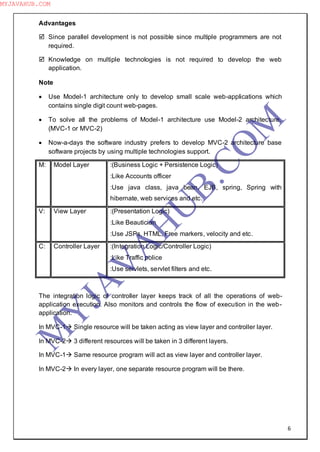 6
Advantages
 Since parallel development is not possible since multiple programmers are not
required.
 Knowledge on multiple technologies is not required to develop the web
application.
Note
 Use Model-1 architecture only to develop small scale web-applications which
contains single digit count web-pages.
 To solve all the problems of Model-1 architecture use Model-2 architecture.
(MVC-1 or MVC-2)
 Now-a-days the software industry prefers to develop MVC-2 architecture base
software projects by using multiple technologies support.
M: Model Layer :(Business Logic + Persistence Logic)
:Like Accounts officer
:Use java class, java bean, EJB, spring, Spring with
hibernate, web services and etc.
V: View Layer :(Presentation Logic)
:Like Beautician
:Use JSPs, HTML, Free markers, velocity and etc.
C: Controller Layer :(Integration Logic/Controller Logic)
:Like Traffic police
:Use servlets, servlet filters and etc.
The integration logic of controller layer keeps track of all the operations of web-
application execution. Also monitors and controls the flow of execution in the web-
application.
In MVC-1 Single resource will be taken acting as view layer and controller layer.
In MVC-2 3 different resources will be taken in 3 different layers.
In MVC-1 Same resource program will act as view layer and controller layer.
In MVC-2 In every layer, one separate resource program will be there.
M
Y
JA
V
A
H
U
B.CO
M
MYJAVAHUB.COM
 