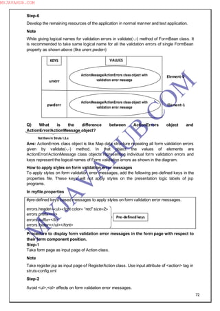 72
Step-6
Develop the remaining resources of the application in normal manner and test application.
Note
While giving logical names for validation errors in validate(-,-) method of FormBean class. It
is recommended to take same logical name for all the validation errors of single FormBean
property as shown above (like unerr,pwderr)
Q) What is the difference between ActionErrors object and
ActionError/ActionMessage object?
Ans: ActionErrors class object is like Map data structure repeating all form validation errors
given by validate(-,-) method. In that object the values of elements are
ActionError/ActionMessage class objects representing individual form validation errors and
keys represent the logical names of Form validation errors as shown in the diagram.
How to apply styles on form validation error messages
To apply styles on form validation error messages, add the following pre-defined keys in the
properties file. These keys will not apply styles on the presentation logic labels of jsp
programs.
In myfile.properties
#pre-defined keys based messages to apply styles on form validation error messages.
errors.header=<ul><font color= “red” size=2>
errors.prefix=<li>
errors.suffix=</li>
errors.footer=</ul></font>
Procedure to display form validation error messages in the form page with respect to
their form component position.
Step-1
Take form page as input page of Action class.
Note
Take register.jsp as input page of RegisterAction class. Use input attribute of <action> tag in
struts-config.xml
Step-2
Avoid <ul>,<ol> effects on form validation error messages.
Not there in Struts 1.3.x
KEYS VALUES
unerr
pwderr
ActionMessage/ActionErrors class object with
validation error message
ActionMessage/ActionErrors class object with
validation error message
Element-0
Element-1
Pre-defined keys
M
Y
JA
V
A
H
U
B.CO
M
MYJAVAHUB.COM
 
