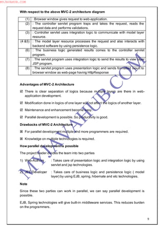 9
With respect to the above MVC-2 architecture diagram
(1) : Browser window gives request to web-application.
(2) : The controller servlet program traps and takes the request, reads the
request data and performs validations.
(3) : Controller servlet uses integration logic to communicate with model layer
resource.
(4 &5) : The model layer resource processes the request and also interacts with
backend software by using persistence logic.
(6) : The business logic generated results comes to the controller servlet
program.
(7) : The servlet program uses integration logic to send the results to view layer
JSP program.
(8) : The servlet program uses presentation logic and sends formatted result to
browser window as web-page having HttpResponse
Advantages of MVC-2 Architecture
 There is clear separation of logics because multiple layers are there in web-
application development.
 Modification done in logics of one layer will not affect the logics of another layer.
 Maintenance and enhancement become easy.
 Parallel development is possible. So productivity is good.
Drawbacks of MVC-2 Architecture
 For parallel development multiple and more programmers are required.
 Knowledge on multiple technologies is required.
How parallel development is possible
The project leader divides the team into two parties
1) Web-Authors : Takes care of presentation logic and integration logic by using
servlet and jsp technologies.
2) JEE Developer : Takes care of business logic and persistence logic ( model
layer) by using EJB, spring, hibernate and etc technologies.
Note
Since these two parties can work in parallel, we can say parallel development is
possible.
EJB, Spring technologies will give built-in middleware services. This reduces burden
on the programmers.
M
Y
JA
V
A
H
U
B.CO
M
MYJAVAHUB.COM
 
