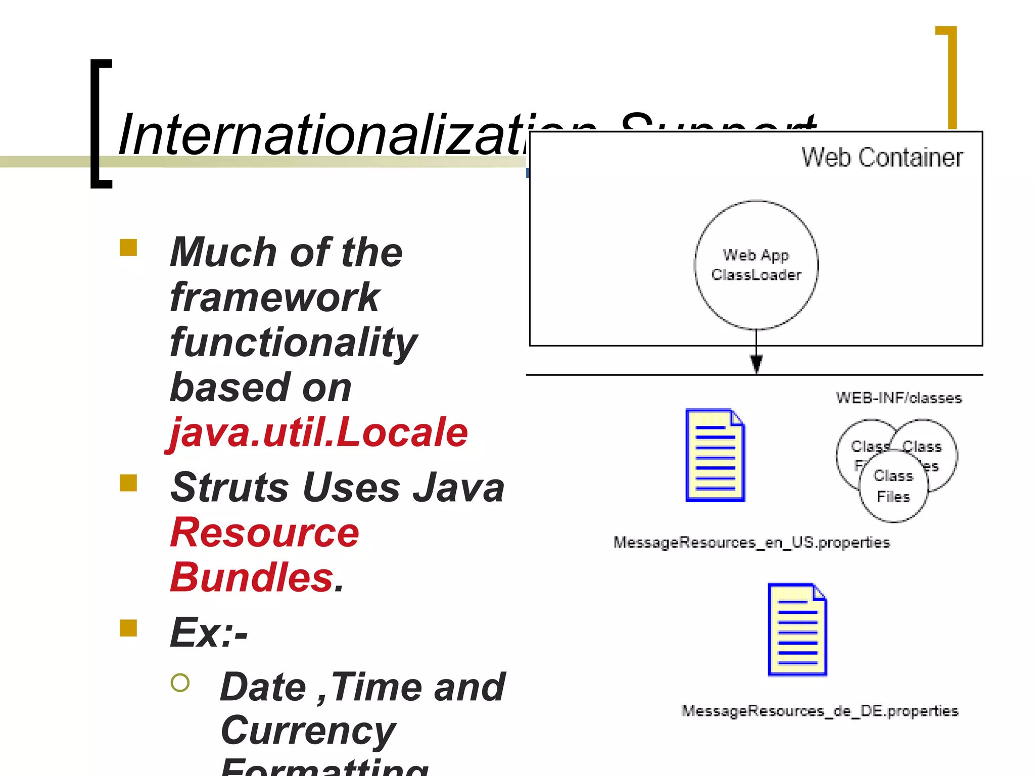Internationalization Support
 Much of the
framework
functionality
based on
java.util.Locale
 Struts Uses Java
Resource
Bundles.
 Ex:-
 Date ,Time and
Currency
 