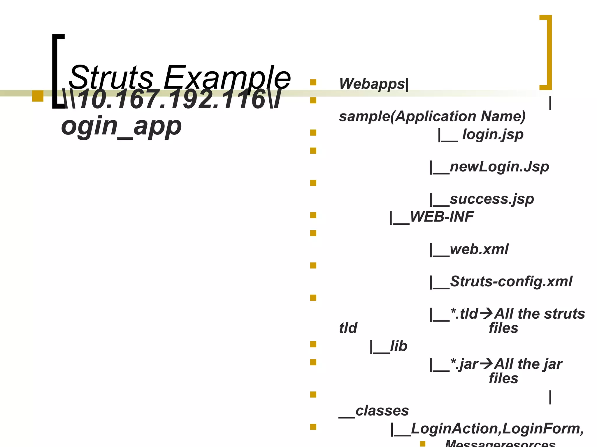 Struts Example 10.167.192.116l
ogin_app
 Webapps|
 |
sample(Application Name)
 |__ login.jsp

|__newLogin.Jsp

|__success.jsp
 |__WEB-INF

|__web.xml

|__Struts-config.xml

|__*.tldAll the struts
tld files
 |__lib
 |__*.jarAll the jar
files
 |
__classes
 |__LoginAction,LoginForm,
 