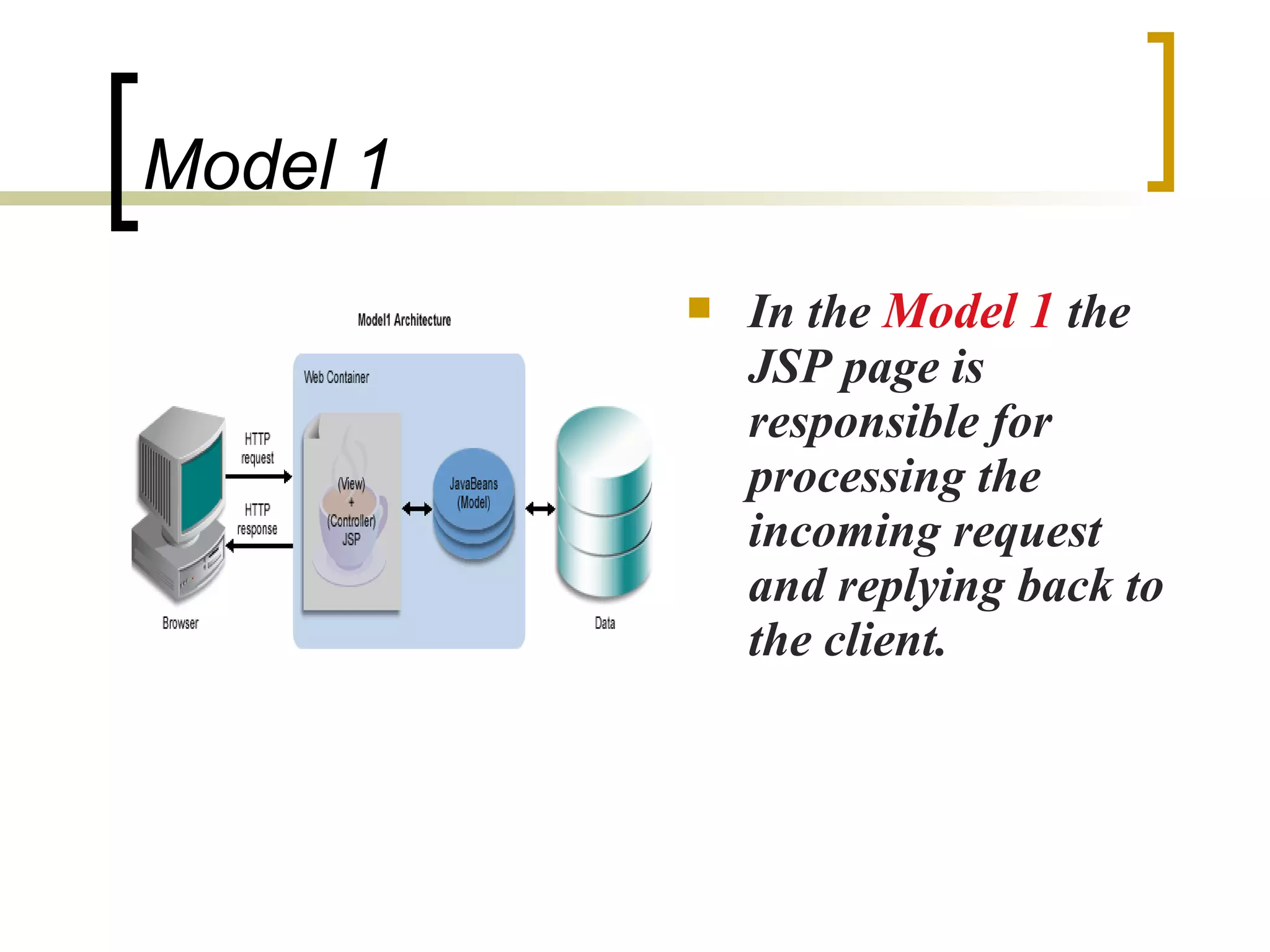Model 1
 In the Model 1 the
JSP page is
responsible for
processing the
incoming request
and replying back to
the client.
 