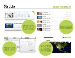 ADMIN DASHBOARD




             MONITOR                   MODERATE
             & MANAGE                 ENTRIES
             CAMPAIGNS




EXPORT
                         VOTER
USER DATA               FRAUD
                         GUARD
 