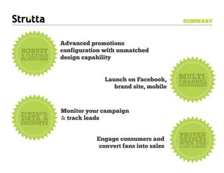 SUMMARY



              Advanced promotions
ROBUST        configuration with unmatched
& FLEXIBLE
PLATFORM      design capability


                            Launch on Facebook,     MULTI-
                                                    CHANNEL
                                                    ENGAGEMENT
                               brand site, mobile



POWERFUL
              Monitor your campaign
DATA &       & track leads
INSIGHTS

                                                    PROVEN
                         Engage consumers and       RESULTS
                                                    WITH F500
                          convert fans into sales   & SMB CLIENTS
 