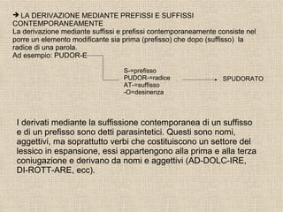  LA DERIVAZIONE MEDIANTE PREFISSI E SUFFISSI
CONTEMPORANEAMENTE
La derivazione mediante suffissi e prefissi contemporaneamente consiste nel
porre un elemento modificante sia prima (prefisso) che dopo (suffisso) la
radice di una parola.
Ad esempio: PUDOR-E
S-=prefisso
PUDOR-=radice
AT-=suffisso
-O=desinenza
SPUDORATO
I derivati mediante la suffissione contemporanea di un suffisso
e di un prefisso sono detti parasintetici. Questi sono nomi,
aggettivi, ma soprattutto verbi che costituiscono un settore del
lessico in espansione, essi appartengono alla prima e alla terza
coniugazione e derivano da nomi e aggettivi (AD-DOLC-IRE,
DI-ROTT-ARE, ecc).
 