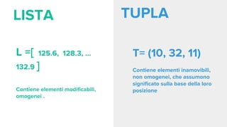 L =[ 125.6, 128.3, …
132.9 ]
Contiene elementi modificabili,
omogenei .
TUPLA
T= (10, 32, 11)
Contiene elementi inamovibili,
non omogenei, che assumono
significato sulla base della loro
posizione
LISTA
 