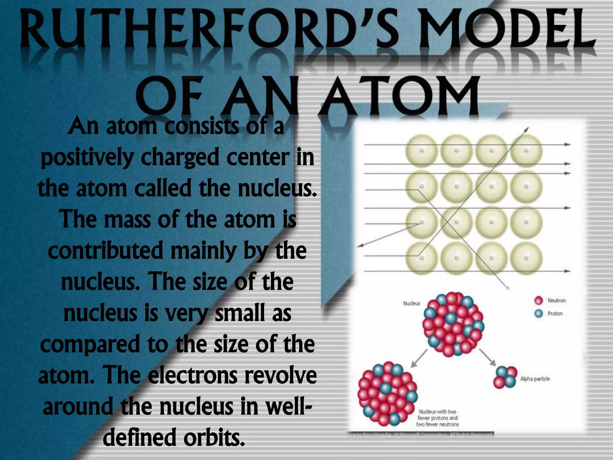 An atom consists of a
positively charged center in
the atom called the nucleus.
The mass of the atom is
contributed mainly by the
nucleus. The size of the
nucleus is very small as
compared to the size of the
atom. The electrons revolve
around the nucleus in well-
defined orbits.
 