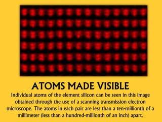 ATOMS MADE VISIBLE
Individual atoms of the element silicon can be seen in this image
obtained through the use of a scanning transmission electron
microscope. The atoms in each pair are less than a ten-millionth of a
millimeter (less than a hundred-millionth of an inch) apart.
 