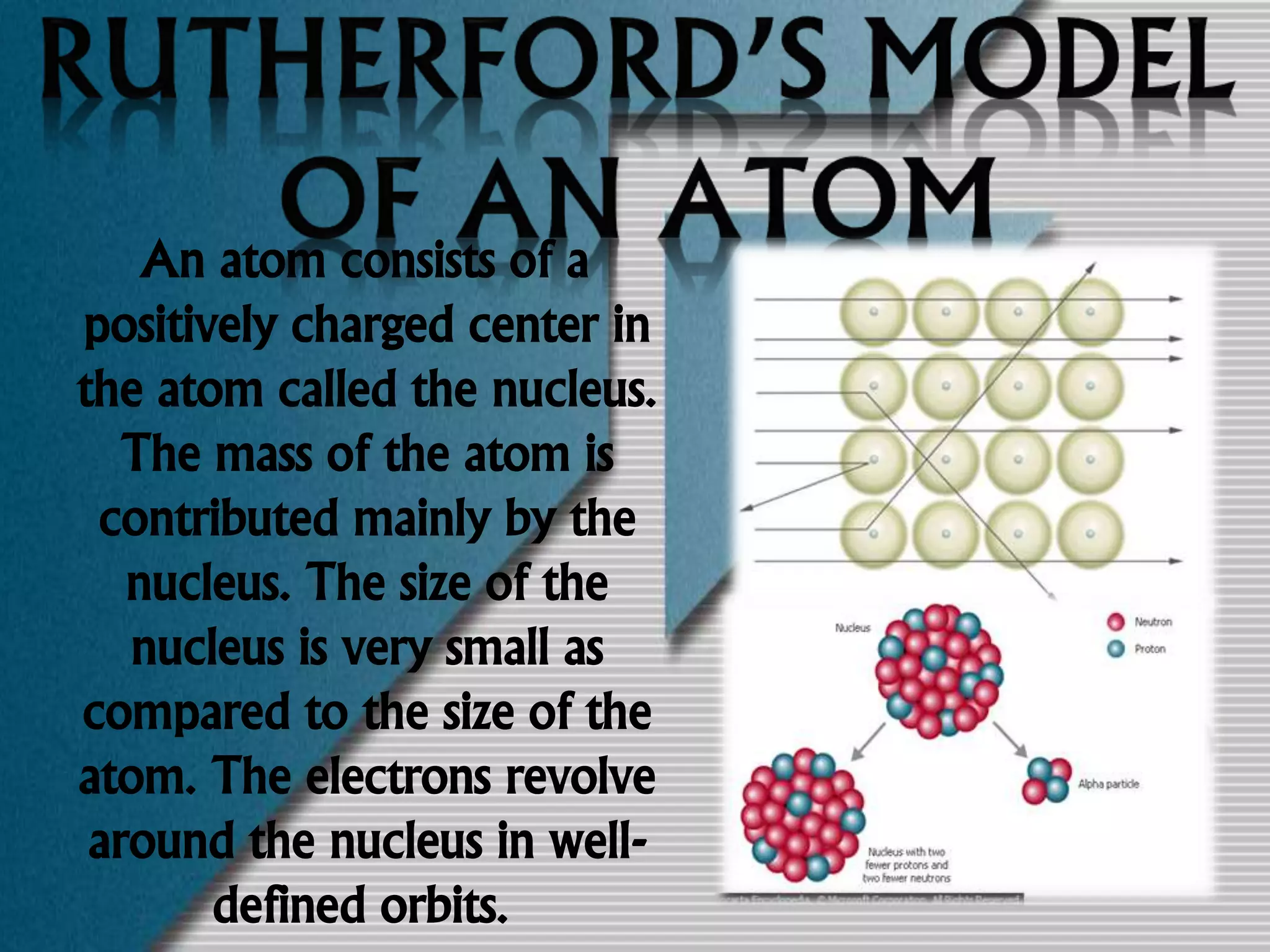 An atom consists of a
positively charged center in
the atom called the nucleus.
The mass of the atom is
contributed mainly by the
nucleus. The size of the
nucleus is very small as
compared to the size of the
atom. The electrons revolve
around the nucleus in well-
defined orbits.
 