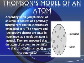 According to Sir Joseph model of
an atom, it consists of a positively
charged here and the electrons are
embedded in it. The negative and
the positive charges are equal in
magnitude, as a result the atom is
neutral. Thomson proposed that
the atom of an atom to be similar
to that of a Christmas pudding
or a watermelon
 