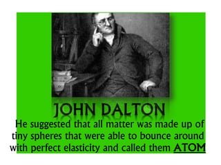 He suggested that all matter was made up of
tiny spheres that were able to bounce around
with perfect elasticity and called them ATOM
 