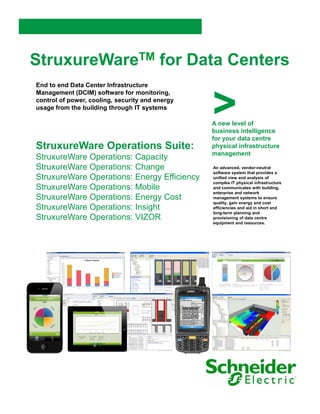 StruxureWareTM for Data Centers
End to end Data Center Infrastructure



                                                 >
Management (DCIM) software for monitoring,
control of power, cooling, security and energy
usage from the building through IT systems

                                                 A new level of
                                                 business intelligence
                                                 for your data centre
StruxureWare Operations Suite:                   physical infrastructure
                                                 management
StruxureWare Operations: Capacity
              p             p    y
StruxureWare Operations: Change                  An advanced, vendor-neutral
                                                 software system that provides a
StruxureWare Operations: Energy Efficiency       unified view and analysis of
                                                 complex IT physical infrastructure
StruxureWare Operations: Mobile                  and communicates with building,
                                                 enterprise and network
StruxureWare Operations: Energy Cost             management systems to ensure
                                                 quality, gain energy and cost
StruxureWare Operations: Insight                 efficiencies and aid in short and
                                                  ffi i   i     d id i h t d
                                                 long-term planning and
StruxureWare Operations: VIZOR                   provisioning of data centre
                                                 equipment and resources.
 