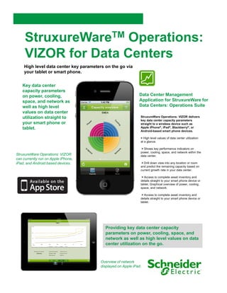 StruxureWareTM Operations:
     VIZOR for Data Centers
    High level data center key parameters on the go via
    your tablet or smart phone.


   Key data center
   capacity parameters
   on power, cooling,                                        Data Center Management
   space, and network as                                     Application for StruxureWare for
   well as high level                                        Data Centers: Operations Suite
   values on data center
   utilization straight to                                    StruxureWare Operations: VIZOR delivers
                                                              key data center capacity parameters
   your smart phone or                                        straight to a wireless device such as
   tablet.                                                    Apple iPhone®, iPad®, Blackberry®, or
                                                              Android-based smart phone devices.

                                                              > High level values of data center utilization
                                                              at a glance.

                                                               > Shows key performance indicators on
                                                              power, cooling, space, and network within the
StruxureWare Operations: VIZOR                                data center.
can currently run on Apple iPhone,
iPad, and Android based devices.                               > Drill down view into any location or room
                                                              and predict the remaining capacity based on
                                                              current growth rate in your data center.

                                                               > Access to complete asset inventory and
                                                              details t i ht to
                                                              d t il straight t your smart phone d i or
                                                                                          t h     device
                                                              tablet. Graphical overview of power, cooling,
                                                              space, and network.

                                                               > Access to complete asset inventory and
                                                              details straight to your smart phone device or
                                                              tablet.




                                          Providing key data center capacity
                                          parameters on power, cooling, space, and
                                          network as well as high level values on data
                                          center utilization on the go.



                                       Overview of network
                                       displayed on Apple iPad.
 