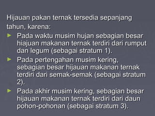 Hijauan pakan ternak tersedia sepanjangHijauan pakan ternak tersedia sepanjang
tahun, karena:tahun, karena:
► Pada waktu musim hujan sebagian besarPada waktu musim hujan sebagian besar
hiajuan makanan ternak terdiri dari rumputhiajuan makanan ternak terdiri dari rumput
dan legum (sebagai stratum 1).dan legum (sebagai stratum 1).
► Pada pertengahan musim kering,Pada pertengahan musim kering,
sebagian besar hijauan makanan ternaksebagian besar hijauan makanan ternak
terdiri dari semak-semak (sebagai stratumterdiri dari semak-semak (sebagai stratum
2).2).
► Pada akhir musim kering, sebagian besarPada akhir musim kering, sebagian besar
hijauan makanan ternak terdiri dari daunhijauan makanan ternak terdiri dari daun
pohon-pohonan (sebagai stratum 3).pohon-pohonan (sebagai stratum 3).
 