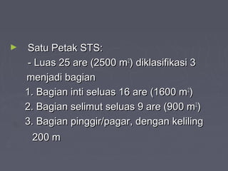 ► Satu Petak STS:Satu Petak STS:
- Luas 25 are (2500 m- Luas 25 are (2500 m22
) diklasifikasi 3) diklasifikasi 3
menjadi bagianmenjadi bagian
1.1. Bagian inti seluas 16 are (1600 mBagian inti seluas 16 are (1600 m22
))
2. Bagian selimut seluas 9 are (900 m2. Bagian selimut seluas 9 are (900 m22
))
3.3. Bagian pinggir/pagar, dengan kelilingBagian pinggir/pagar, dengan keliling
200 m200 m
 