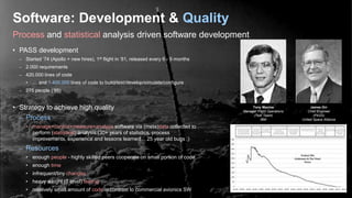 Process and statistical analysis driven software development
Software: Development & Quality
• PASS development
– Started ’74 (Apollo + new hires), 1st flight in ’81, released every 6 - 9 months
– 2.000 requirements
– 420.000 lines of code
• … and 1.400.000 lines of code to build/test/develop/simulate/configure
– 275 people (‘95)
• Strategy to achieve high quality
– Process
• manage+control+measure+analyze software via (meta)data collected to
perform (statistical) analysis (30+ years of statistics, process
improvements, experience and lessons learned… 25 year old bugs ;)
– Resources
• enough people - highly skilled peers cooperate on small portion of code
• enough time
• infrequent/tiny changes
• heavy weight (7 level) testing
• relatively small amount of code in contrast to commercial avionics SW
James Orr
Chief Engineer
(PASS)
United Space Alliance
Tony Macina
Manager Flight Operations
(Test Team)
IBM
 